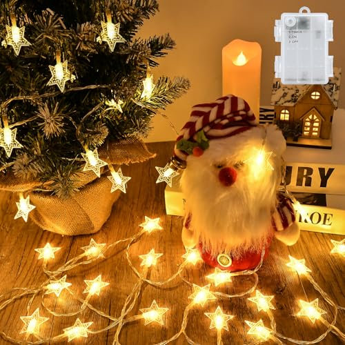 cshare Star Fairy Lights, 19.7ft 40 LED Battery Powered Christmas String Lights with Timer IP65 Waterproof Fairy Lights for Bedroom Christmas Tree Indoor Outdoor Decorations, Warm White