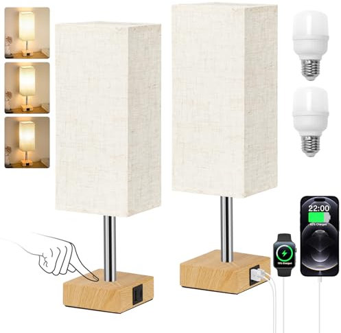 Aooshine Bedside Lamps Set of 2, 3-Way Dimmable Table Lamp with USB-C+A Charging Ports,Lamps for Bedroom with Linen Fabric Shade(Bulbs Included)