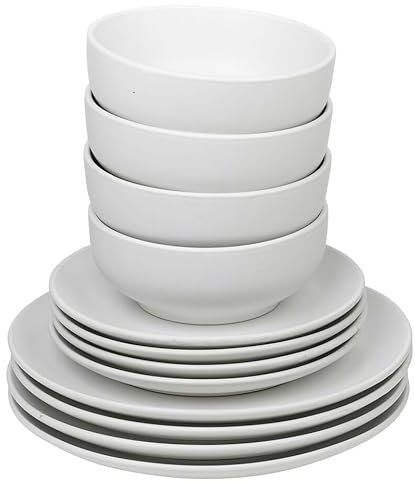Queensway Home & Dining Stone Ceramic Dinnerware of 12/24 Pcs Crockery Plates Bowls for Dining Set, 4 Solid Colour Elegant Tableware Set - Dishwasher Safe, Dessert, Pasta, Salad Plates with Bowls