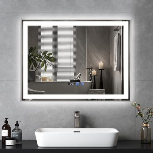 YOURLITE Bathroom Mirror with LED Light 600 x 800 MM Backlit Illuminated Wall Mounted Vanity Mirror with Demister Anti-Fog Makeup Mirror Dimmable 3 Color LED Light Touch Control Time Display IP44