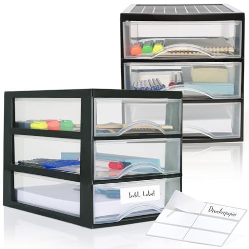 Hausfelder Schubladenbox A4 mit 3 Schubladen inkl. Aufkleber, Schubladenturm Box aus Kunststoff für Schreibtisch (A4, 2 Stk. mit 3 Schubladen)