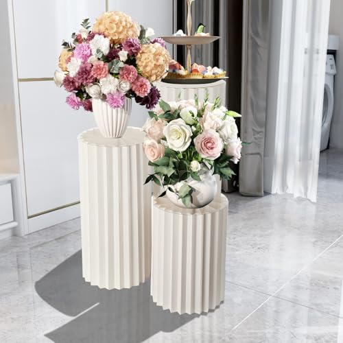 TABODD 3pcs Foldable Cylinder Pedestal Stand for Parties, 40/60/80cm Columns Pedestal Display Stands Round White Cylinder Column Table Roman Pillar Paper Folding Cylinder for Wedding Birthday Decor