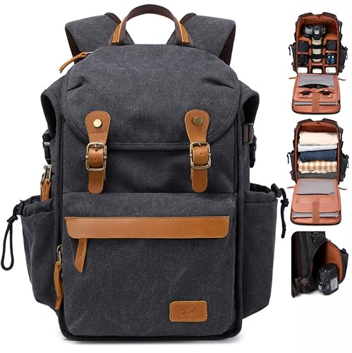 Padwa Lifestyle Black Camera Backpack - Waxed Memory Canvas Camera Bag with 16” Laptop/Lens & Tripod Compartment, Multipurpose Camera Backpacks for Professional Photographers