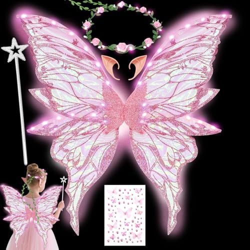 Ailes de Fée Lumineuses à Led, Ailes de Papillon Avec Oreilles d'Elfe, Bandeau de Fée à Led Et Baguettes de Fée Étoile, Ailes de Papillon, Ailes de Princesse, Costume d'Aile pour Carnaval ou Soirées