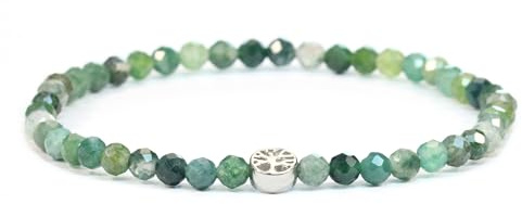 LAKADA Bracelet en véritable pierre précieuse avec perles à facettes de 4mm et arbre de la vie en acier inoxydable- différentes longueurs