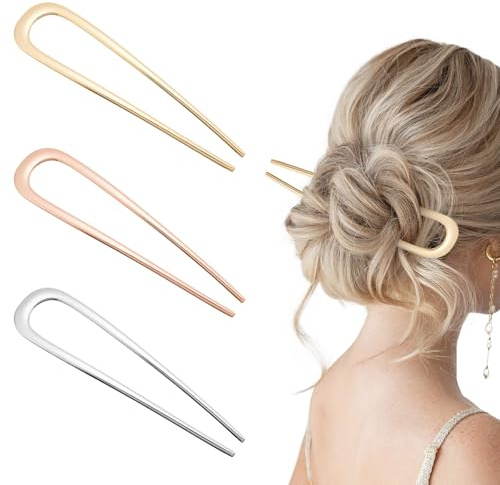 ZOUIQSS 3 Pieces French Hair Pin, U Shaped Hair Pins, 2 Prong Metal Hair Fork for Women, Hair Chignon Stick, Accessories for Ladies Hairstyle(Color1)