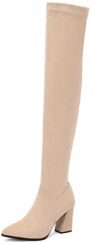 Bviennic Donna Stivali Sopra Il Ginocchio Tacco Alto a Blocco Moda Appuntito Senza Chiusura Stretch 2448 Beige Numero 48 EU/50Cn