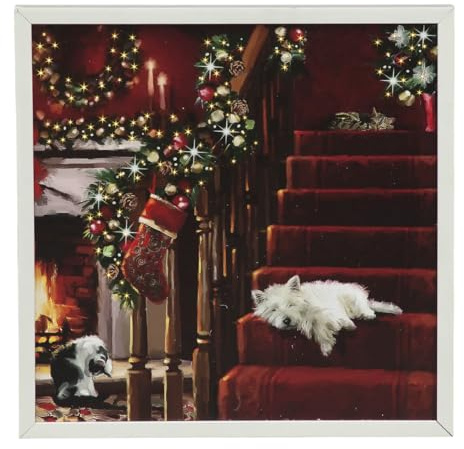 YöL Christmas LED Wall Art Xmas Pets 40x40cm Light Up Canvas Picture with Dogs Cats Festive Fireplace and Garland Battery Operated Illuminated Hanging Decoration for Holiday Home Décor