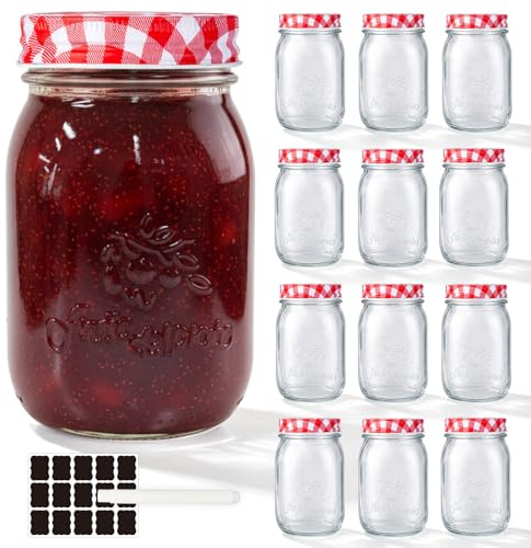 WERTIOO 12 Stück Einmachgläser mit Red Deckel, 480ml Marmeladengläser | Einmachglas mit Schraubdeckel, Mason Jar für Overnight Oats, Meal Prep, Konservieren, Aufbewahrung und Luftdicht