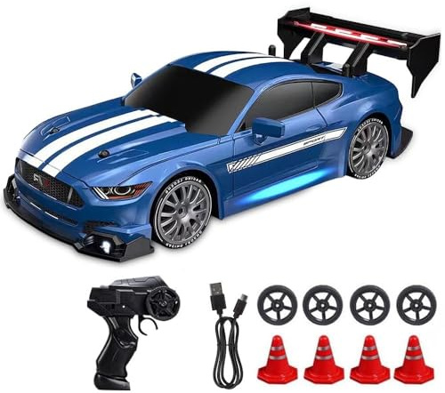 KUWUNG RC Drift Car, 1:24 Remote Control Cars with Cool LED Lighting, 2.4 GHz Rechargeable Mini RC Drift Car, 30km/h, 4WD Toy Vehicle Gift for Kids and Adults (Blue)