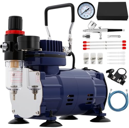 Airbrush Kit with Compressor, Dual-Action Spray Gun, Quiet Operation with Pressure Gauge & Auto Start/Stop, for Hobby Model Painting Nail Art Cake Decorating