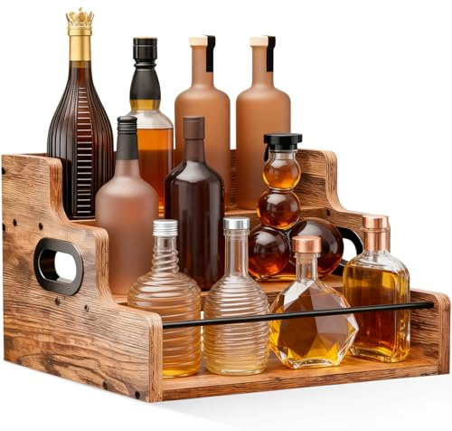 Étagère Présentation Bouteilles Alcool avec Poignées, Organisateur Liqueur 3 Niveaux, Support Rangement Café Bois, Présentoir Vin Comptoir Design Retro pour Maison, Cuisine, Bureau, Armoire