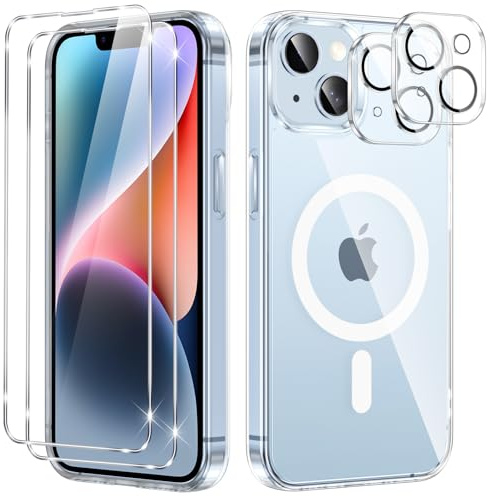Phoona Coque Magnétique pour iPhone 14 avec 2 Verres Trempés et 2 Caméra Protecteur, Compatible avec MagSafe, Housse Étui Antichoc TPU Bumper Anti Rayures Dos PC Protection Case Transparent