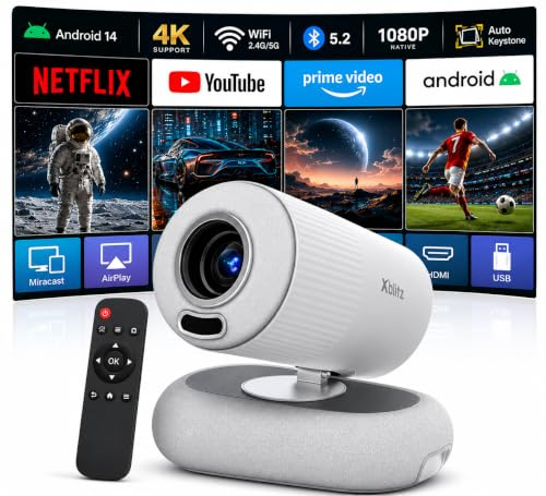 Xblitz X-Lumen Mini Beamer mit Android 13 - Heimkino Projektor Full HD mit 4K Unterstützung bis 200 Zoll - WLAN & Bluetooth - Autofokus & Keystone - LED Licht & Lautsprecher