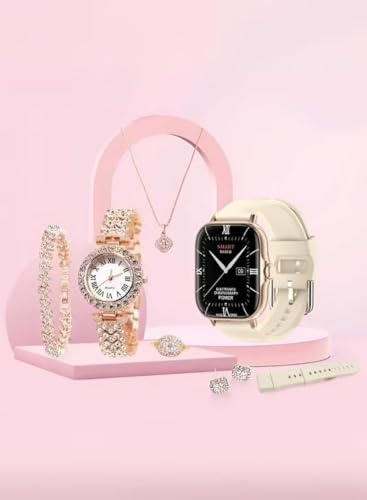 Smartbarry A58 Plus Set regalo di gioielli Smartwatch da donna 7 in 1 color oro - Smartwatch per chiamate Bluetooth da 2.02 ″ con cinturini extra, anello in stile diamante, braccialetto, orecchini
