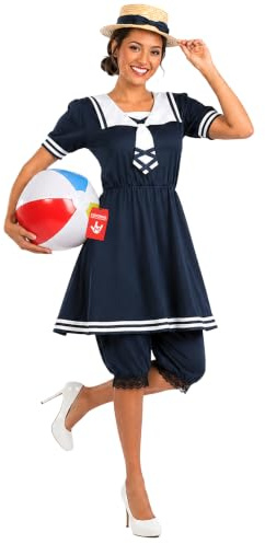 Fun Shack Disfraz Bañista Años 20 Mujer, Disfraz Halloween Mujer | Vestido Azul Marino, Bragas & Sombrero de Paja, Estilo Retro Años 20, Perfecto para Halloween, Ideal para Disfrazarse