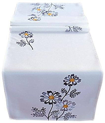 Raebel OHG Tischdecke 40x140 cm Wollweiß Blumen Grau gestickt Tischläufer Läufer Frühling Sommer (40 x 140 cm)
