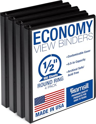 Samsill Economy MP48510 Ringbuch, 1,3 cm, hergestellt in den USA, runder Ringordner, anpassbarer, klarer Einband, Schwarz, 4 Stück