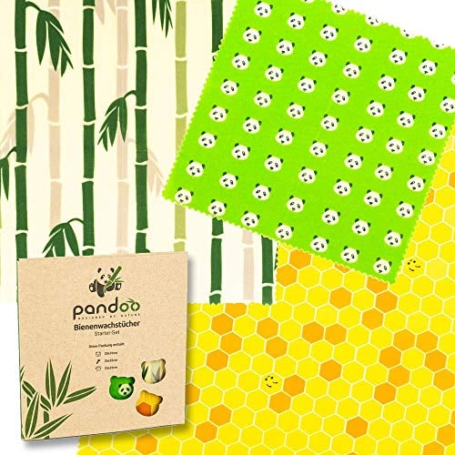 pandoo Bienenwachstücher Starter-Set aus Bio Baumwolle und Bienen-Wachs | plastikfrei, natürlich und nachhaltig | Alternative zu Frischhaltefolie, Alufolie und Frischhaltebox aus Plastik