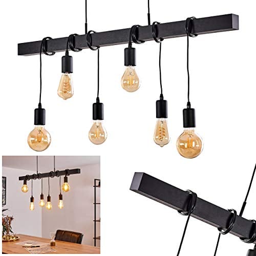 HOFSTEIN Pendelleuchte Barbengo, Hängeleuchte aus Holz/Metall in Schwarz, 6 x E27-Fassung, Höhe max. 135 cm, Vintage Hängelampe in Retro Style, beliebig verstellbare Kabeln am Holz