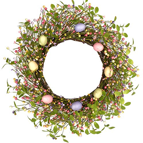 J'FLORU Künstlicher Osterkranz, 50,8 cm, Osterkränze für Haustür, Eierkranz mit bunten Beeren für Innenfenster, Wand, Außendekoration