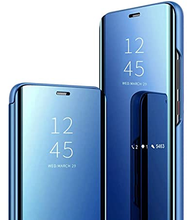 Jacyren Kompatibel Samsung Galaxy S7 Edge Hülle, Leder Flip Case Spiegel Handyhülle S7 Schutzhülle 360°Hard PC Transluzent View Miroir Stoßfest Cover Ständer Funktion Tasche Etui (S7 Edge, Blau)
