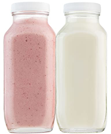 kitchentoolz Botella de leche cuadrada de vidrio de 16 onzas con tapas herméticas de plástico, recipientes reutilizables vintage para leche, yogur, batidos, kéfir, kombucha y agua, paquete de 2