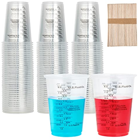 200 PACK 10 oz Plastic Measuring Cups, with 200 Wooden Mixing Sticks