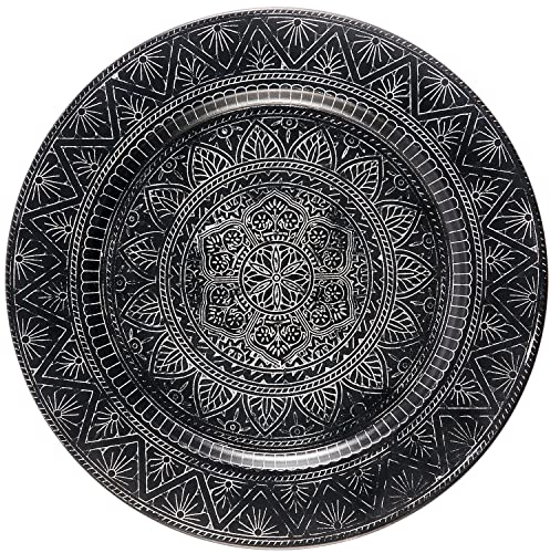 Orientalisches rundes Tablett aus Metall Manar 35cm | Marokkanisches Teetablett in der Farbe Schwarz | Orient schwarzfarbig | Orientalische Dekoration auf dem gedeckten Tisch