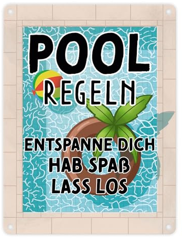 Poolregeln für Poolbesitzer Metallschild in 15x20 cm mit Schwimmring witzige Regeln für den Swimmingpool Geschenk für Poolbesitzer Blechschild mit Sommermotiv