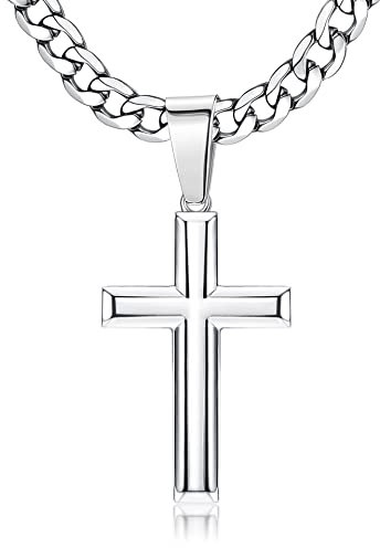 Chriscoco 925 Sterling Silber Kreuz Anhänger Halskette für Herren Damen Edelstahl Diamantschliff Figaro Kreuz Kette Poliert Abgeschrägten Kanten Kreuzanhänger Halskette