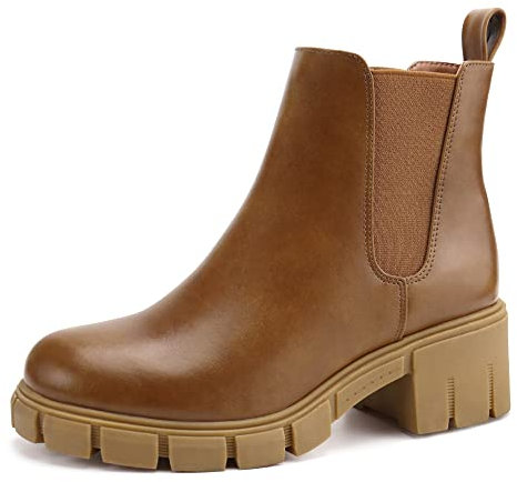 JABASIC Chelsea Boots für Damen Elastische Plateau-Stiefel zum Hineinschlüpfen (39,Braun)