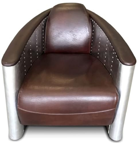 Casa Padrino Luxus Art Deco Leder Sessel 80 x 95 x H. 90 cm Aluminium Wohnzimmer Sessel mit Echtleder - Aluminium Flugzeug Flieger Sessel Möbel, Lederfarbe:Vintage Cognac