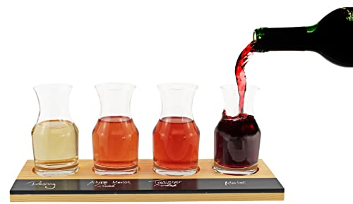 Winkee - Weinprobe Karaffen Set mit Holz-Serviertablett, Tafel & Kreide | Whine tasting flight board | Wein Geschenke | 4er Weinkaraffen Set | Mini Tasting Set für zuhause | Geschenk zu Weihnachten