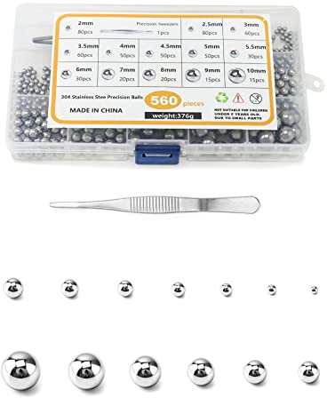 QWORK® 560 Stück Kugellager Kugeln, Lagerstahl, Metallkugeln für Fahrrad Rad Ersatzteile, Schubladenführung, 2, 2.5,3,3.5,4,4.5,5,5.5,6,7,8,9,10mm,13 Größen
