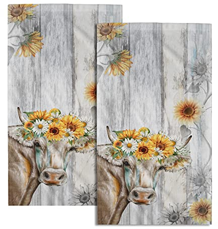 Vintage Sonnenblume Handtuch Set mit 2 Bauernhof Kuh Gesichtshandtüchern Baumwolle Weich Saugfähig Küche Geschirrtuch Waschlappen für Badezimmer Zuhause Fitnessstudio