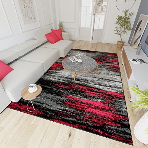 Mazovia Modern Teppich - Kurzflor - Teppich für Wohnzimmer, Schlafzimmer, Esszimmer - ÖKO-TEX Wohnzimmerteppich, Robust und pflegeleicht, Niedrige Florhöhe - Grau Rot 120 x 170 cm