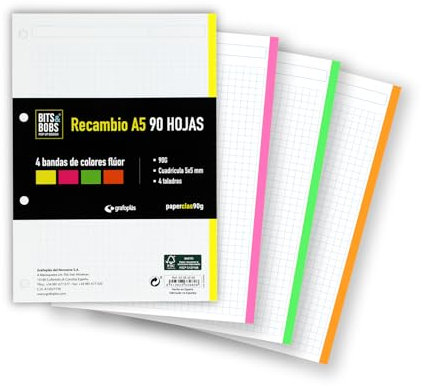 Grafoplas I Ideal para la Escuela y la Oficina: Recambio A5 Cuadriculado Grafoplás, 90 Hojas, 90g, 4 Taladros y 4 Bandas de Color Flúor.