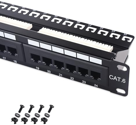 [UL-gelistet] Cable Matters Patchpanel mit 24 Anschlüssen, Rackmount oder Wandhalterung, 48,3 cm (19 Zoll) mit Stützstange, 1U Cat6-Netzwerk-Patchpanel für 10-Gigabit-Ethernet, 110 oder