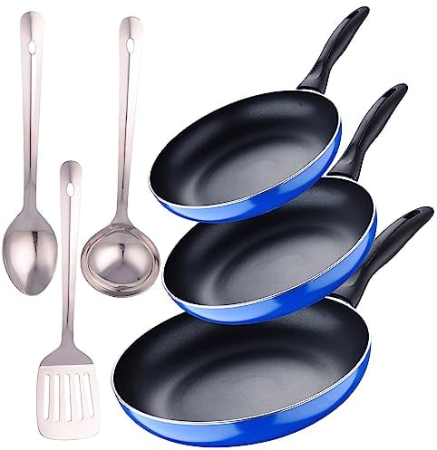 Set 3pc sarten (16+20+24cm) aluminio prensado, inducción, azul navy paradise con Set 3 pc utensilios cocina acero inoxidable