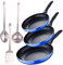 Set 3pc sarten (16+20+24cm) aluminio prensado, inducción, azul navy paradise con Set 3 pc utensilios cocina acero inoxidable