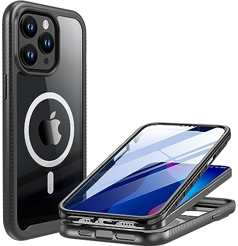 PlusAcc Magnetic Hülle für iPhone 15 Pro Max 6.7 Zoll - 360 Grad Schutz mit integriertem schutzfolie Militärnorm hardcase, Kompatibel mit MagSafe stoßfest Clear handyhülle (Schwarz)
