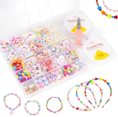 Perlen set Schmuck Basteln Mädchen, Ketten Basteln Kinder Mädchen, Armbänder Selber Machen set DIY Freundschaftsarmbänder für Weihnachten, Geburtstage, Party