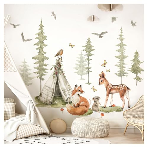 Little Deco Wandtattoo Waldtiere Kinderzimmer Wandsticker Bäume Set Wandaufkleber Tiere REH Fuchs Babyzimmer Schlafzimmer Deko DL5000A-05
