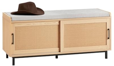 SoBuy FSR154-N Schuhbank mit Sitzfläche Dielenbank mit Schiebetüren Schuhtruhe Sitzbank mit Stauraum Sitzkommode Schuhregal schmal Natur BHT ca. 110x49x40cm