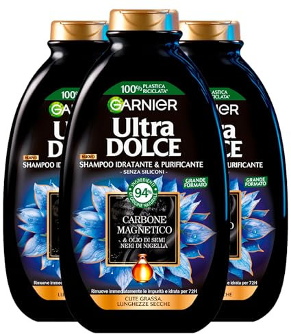 Garnier Ultra Dolce Shampoo Idratante Purificante per Capelli con Cute Grassa e Lunghezze Secche con Carbone Magnetico e Olio di Semi Neri di Nigella Vegan 94% di Origine Naturale - 3 Flaconi da 400ml