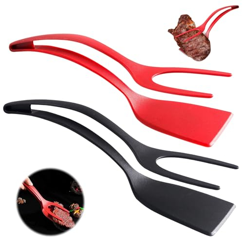Easy Egg Flipper 2 en 1 - Spatule à œufs au plat - Poignée rotative de la pince - Spatule anti-adhésive pour œufs au plat - Ustensiles de cuisine - Pour œufs au plat, hamburgers, steak (noir + rouge)
