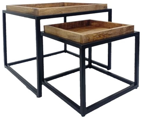 Amago home Couchtisch 2er Set 54x54 cm quadratisch u. Beistellttisch Satztisch Metall Gestell Holzplatte massiv Farbe Tabacco - schwarz matt