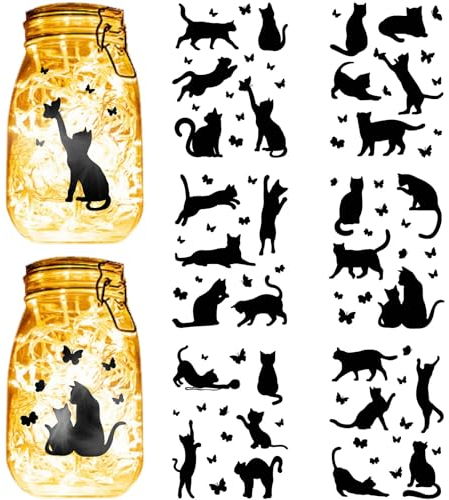 CREATCABIN 12 Blatt 6 Stile,Schwarze Katze,Einmachglas-Aufkleber,Schmetterlingsaufkleber,Stanzschnitte,Silhouetten,Selbstklebend,PVC,Wasserdicht,Für Bastelarbeiten,Sammelalben,Laternen,Gläser 20x15cm