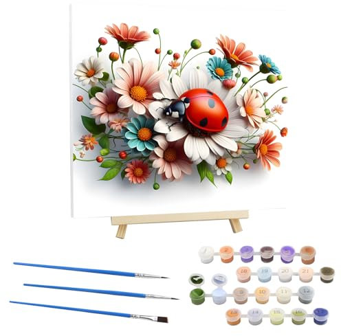 EOBROMD Peinture par Numero Adulte Fleurs,Kit de Peinture à l'huile sur Toile Bricolage avec Cadre en Bois et Chevalet, Coccinelle Peinture Sans Plis Toile pour Décoration de la Maison 30x30cm